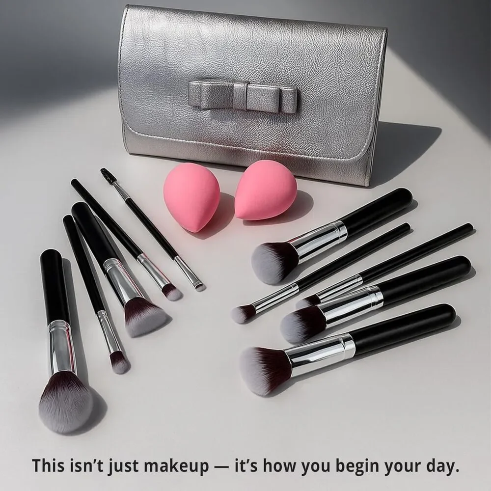 Beakey 10+2 PCS Premium Brushes & Blender Sponges With Portable Makeup Bag